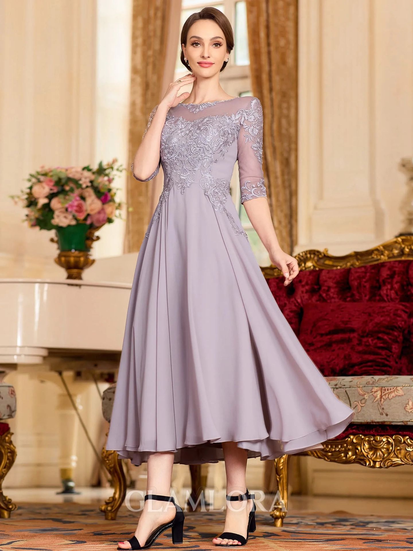 Formal A-Line Chiffon Lace Scoop 3/4 Sleeves Tea Length Dress