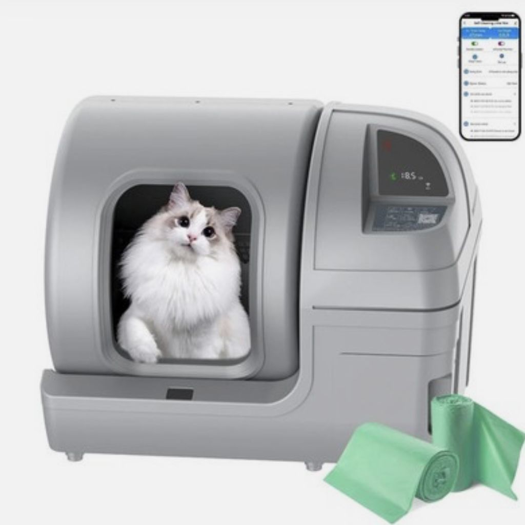 100 Liter Automatic Self Cleaning Litter Box for Multiple Cats APP Controlled, Safety Alert, Intelligent Health Monitoring, in Gray