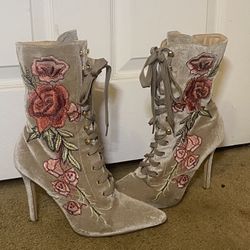 Beige Embroidery High Heels Boots 7.5