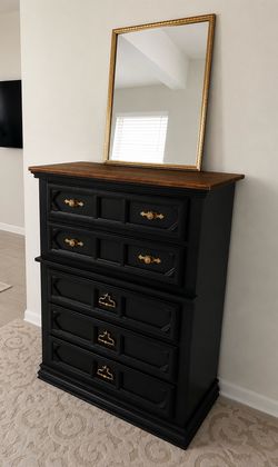 Refinished Solid Wood Highboy Dresser | Black & Natural Wood | Vintage