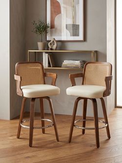 26”Swivel PU White Counter Height Bar Stools Set of 2, Upholstered Seats,Rattan Back,Arms Solid Wood