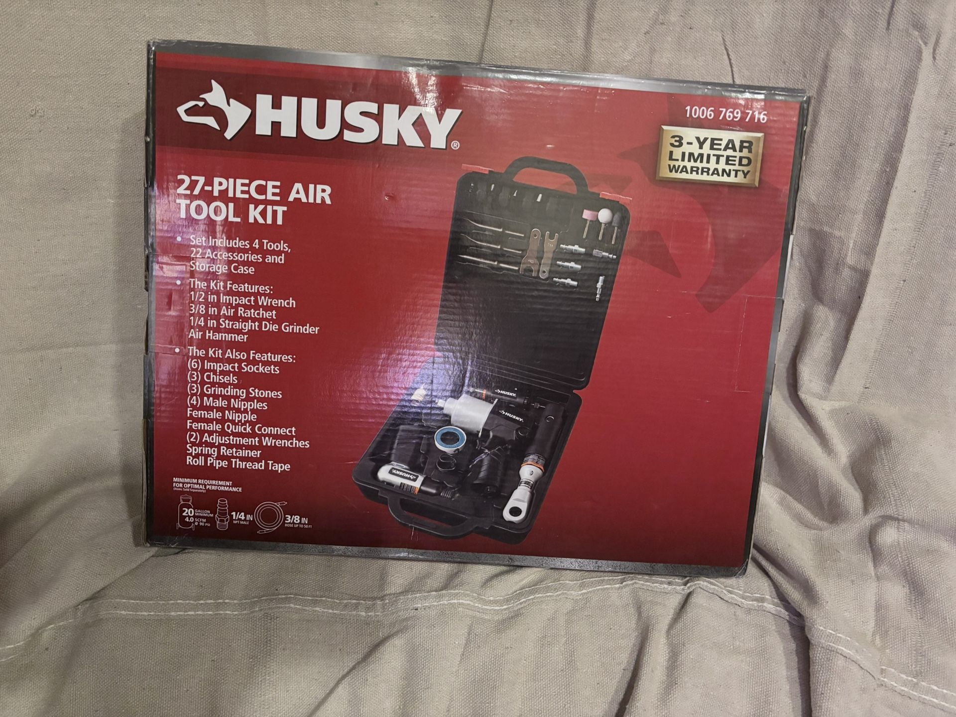 Husky 27 Piece Air Tool Kit W/ 1/2-in. Impact, 3/8-in. Ratchet, Die Grinder, Hammer, Sockets, Chisels, Grinding Stones…..