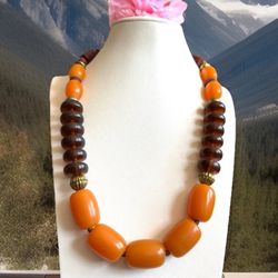 Vintage Ethnic Indo/Tibet Tribal Handmade Amber Bakelite Necklace With Bone & Brass Spacer 23”in & 129 grams