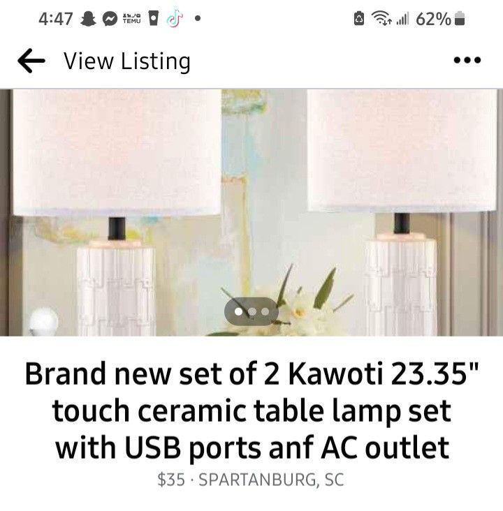 Brand New Set Of 2 Kawoti 23.25" Touch Cermaic Table Lamp Aet