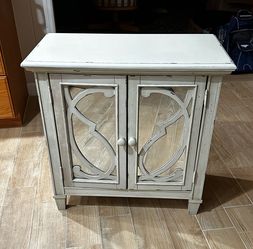 Distressed White Mirrored Accent Cabinet