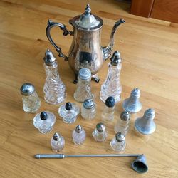 Vintage Lot 15 Glass Salt Pepper Shakers Sugar Spoon Jar Silver Teapot