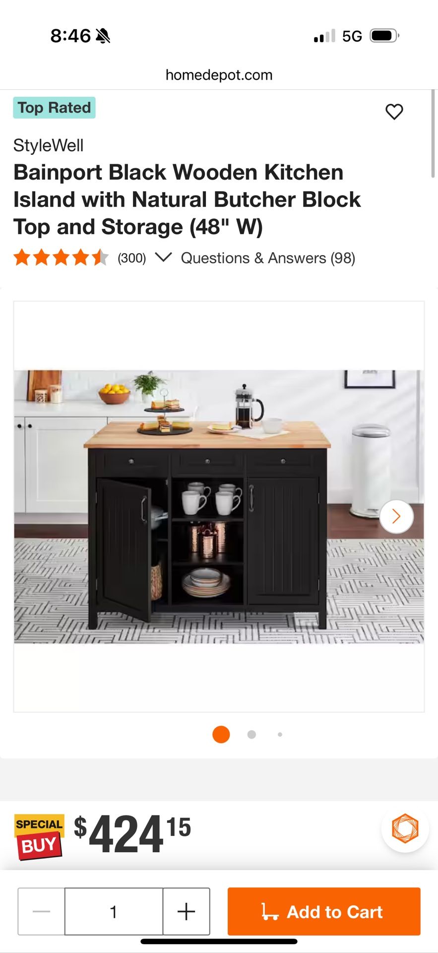Bainport Black Wooden Kitchen Island with Natural Butcher Block Top and Storage (48" W)