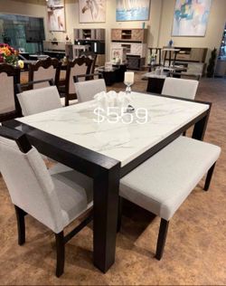 Dining Table Set with Chairs and Bench with faux marble table top