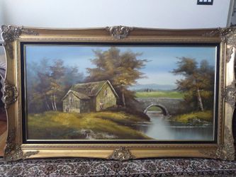 24" X 48" Vintage Oil Painting Signed "Andre" Framed Landscape Nature Trees House
