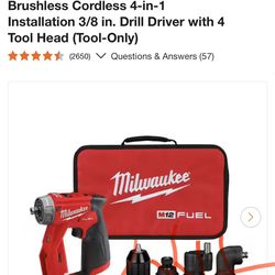 Milwaukee M12 FUEL 12V Lithium-Ion Brushless Cordless 4-in-1 Installation 3/8 in. Drill Driver with 4 Tool Head (Tool-Only)