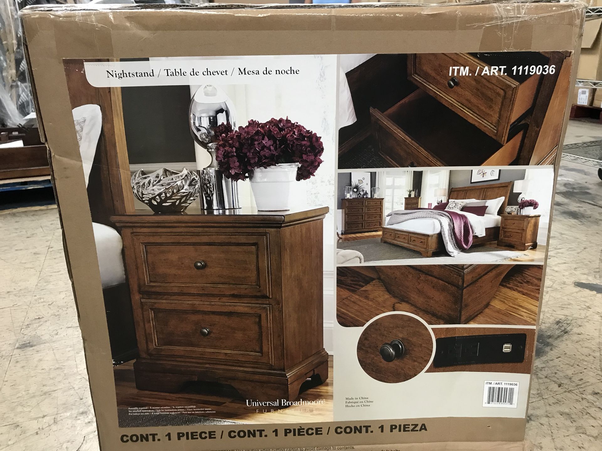 New!! Universal Broadmoore Nightstand Birch veneers Poplar wood Construction English dovetail drawer construction Ball-bearing drawer guides 2 outl