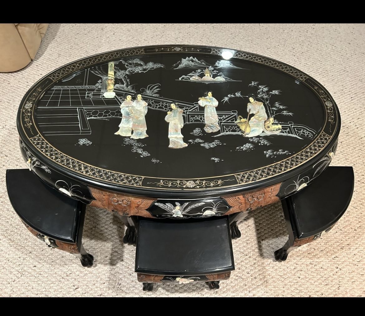 Shiny Black Lacquer Oriental Coffee Table, Inlaid Pearl with Six Stools and Glass Top