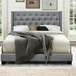 Gray Upholstered Low Profile Standard King Bed + 14" Mattress (Brand New, In Box) + 9" Box Spring