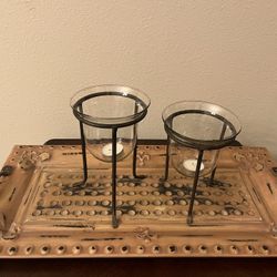 Metal Fleur De Lis Tray And Candle Holders 