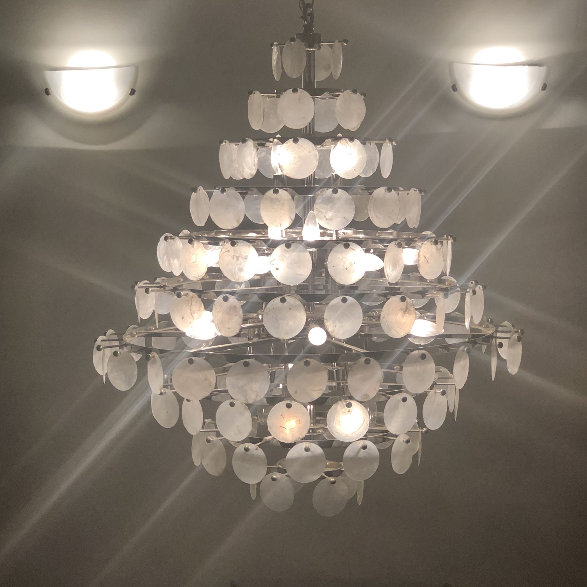 Solar light mother of pearl chandelier, ecru, and 1 meter x 1.10 meter size.