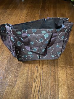 New Tote Bag Pockets Grocery Travel Baby Work Brown With Blue Circles