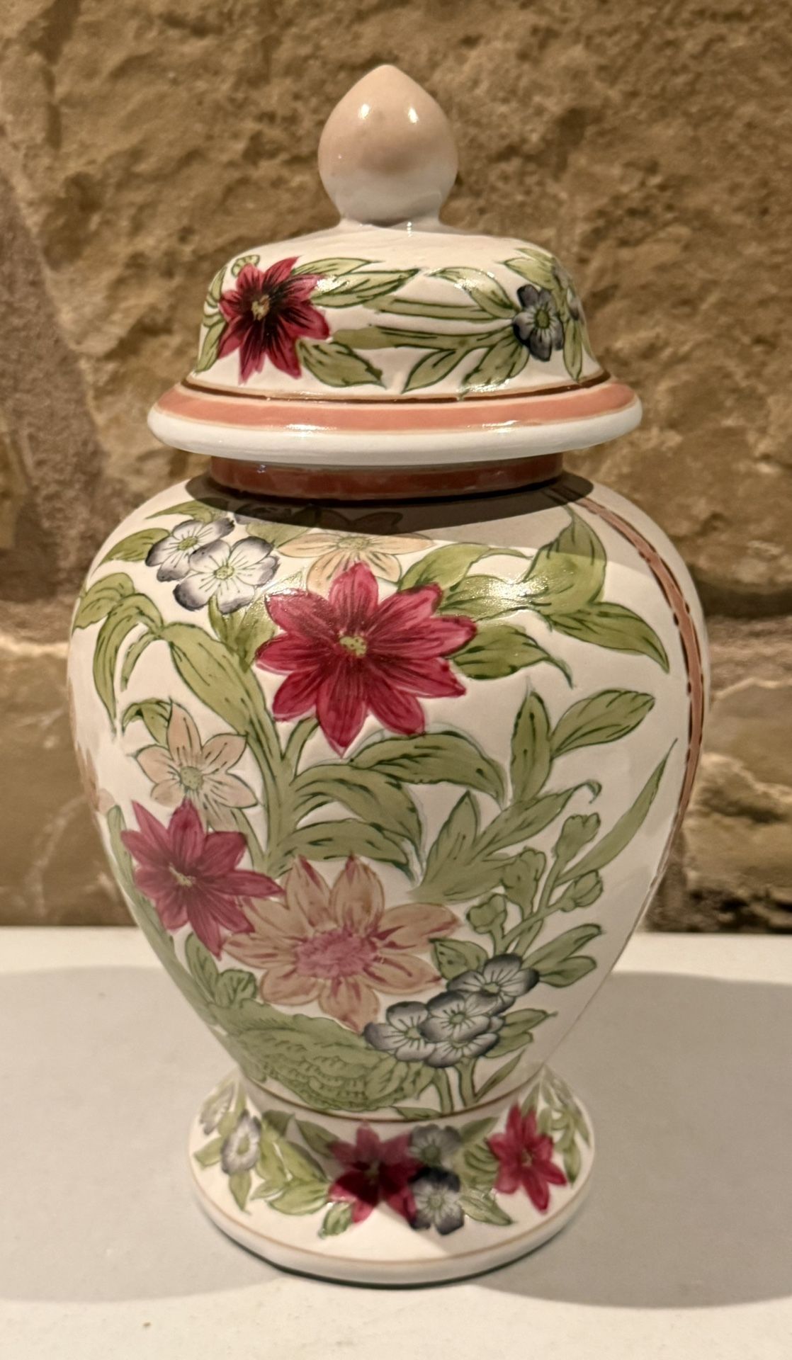 White Flowered Ginger Jar / Vase  