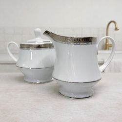 Mikasa Manor Platinum 4297 Sugar Bowl w Lid & Creamer Fine China Set - Coll