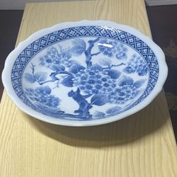 Vintage Japanese Blue And White Porcelain Bowl With Hydrangea Design 