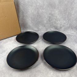 Gibson Home Rockaway Gold Matte Black 8” Salad Bread Dessert Plate Set 4 Stoneware