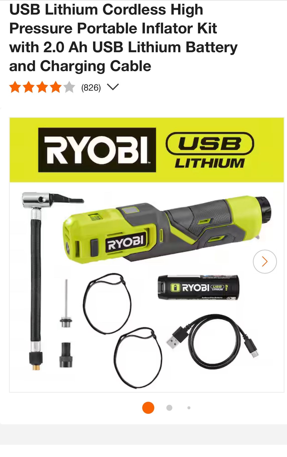 RYOBI USB Lithium Cordless High Pressure Portable Inflator Kit with 2.0 Ah USB Lithium Battery and Charging Cable
