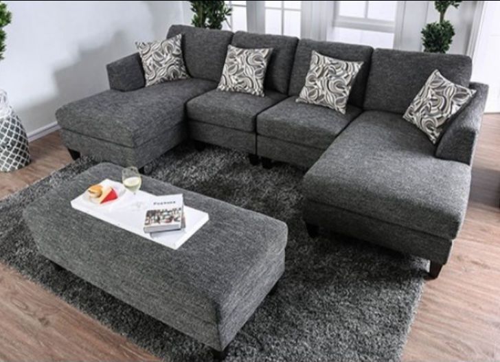 Brand New Grey Chenille Sectional Sofa w Ottoman