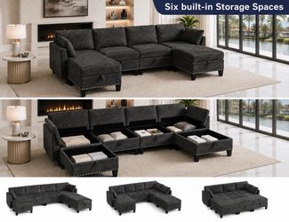 110" U Shaped Sectional Sofa with Storage,  Convertible Modular with Ottomans, Linen , Gray L-11