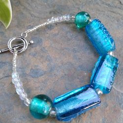 Handmade Hand Blown Glass Bead Bracelet - Turquoise Blue Green 