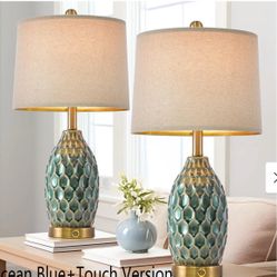 Set of 2, 23.5” H.  3-Way Dimmable Ceramic Bedside Lamps with USB Ports