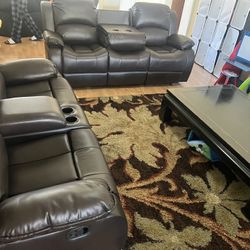New Reclining Couch W Fold Down Console / Love Seat.  Brown Leather.  Free Delivery!
