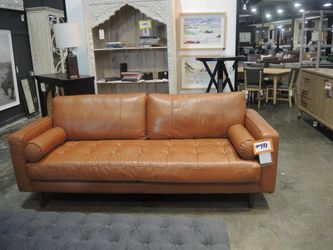 Camel Leather Mid-Century Tufted Sofa
