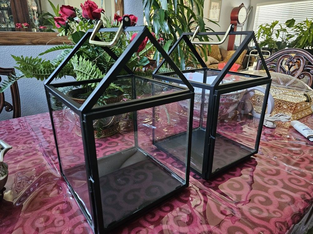 Two Hearth And Head Black Glass House Terrariums With Gold Handles