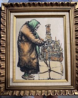 Jacob Samuels Signed Framed Woman Pretzel Vendor Art Etching