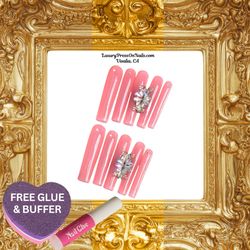 X long Sheer Pink Rhinestone Flower Press On Nails 10 Pc Set - FREE GLUE & BUFFER