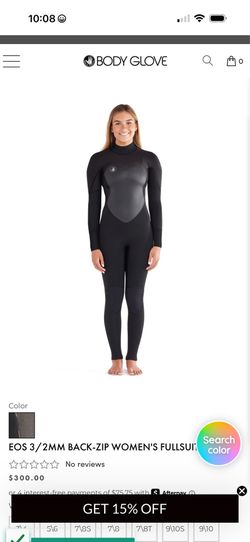 The Body Glove EOS 3/2mm Back-Zip Women's Fullsuit in black features a stylish design with smooth Fairskin front and back panels for wind resistance.