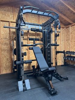 Smith Machine, Pulley System, Power Rack, Rubber Weights, Dumbbells
