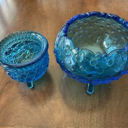 Vintage Blue Depression Carnival Style Glass 3 Footed Bowl Trinket Dish