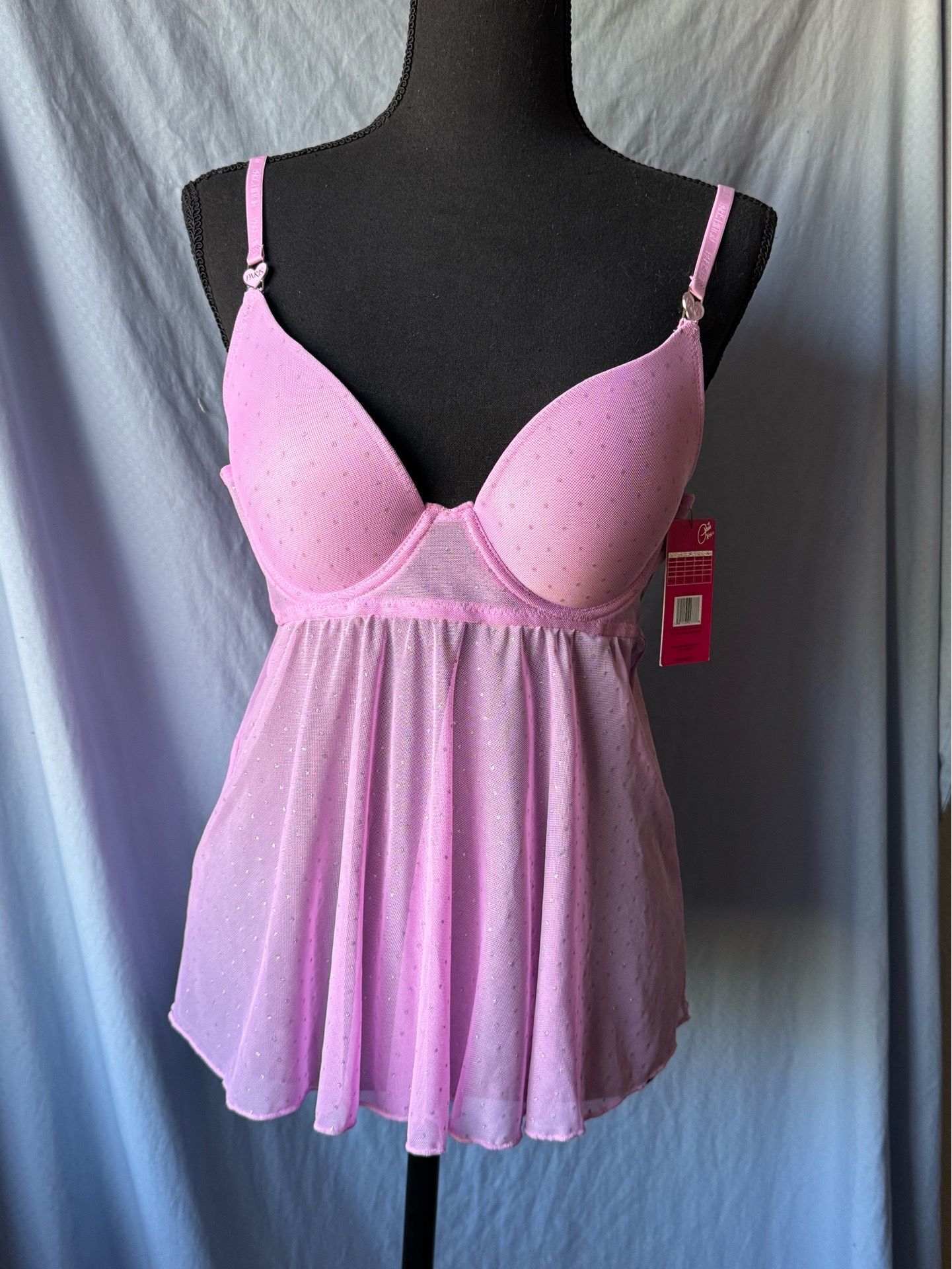 New Paris Hilton Pink Sparkle Mesh Babydoll Chemise size M