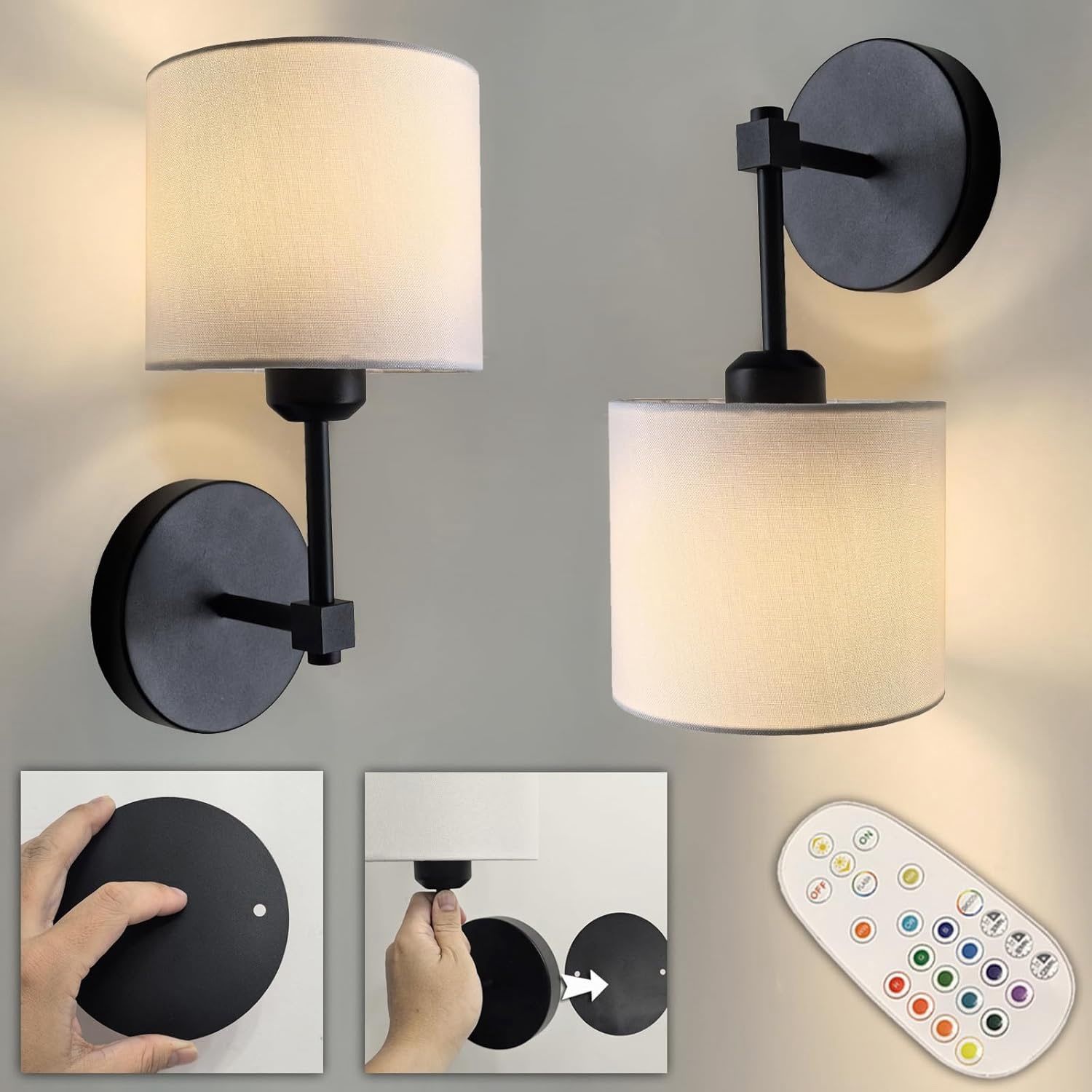 2 Pack Black or Gold Adhesive Battery Wall Sconces Rechargeable, No Nails Cordless Magnetic Wall Lamps