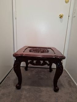 Carved Wood Side Table – AS-IS, Heavy Wear & Damage – $20