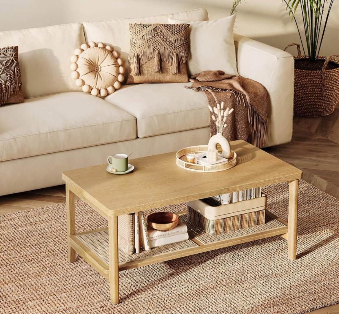 2-Tier Coffee Table for Living Room, Rectangular Living Room Table, with PVC Rattan Storage Shelf, Rounded Corners, Easy Assembly, Boho St