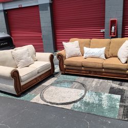 Brown Sofa with Cream Loveseat 