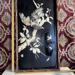 Large Antique Asian Wall Panel With Mother Of Pearl 