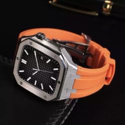 Stainless Steel Case Rubber Band For Apple Watch 8 7 6 5 4 SE 44mm.
