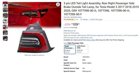 3 pin LED Tail Light Assembly, Rear Right Passenger Side Brake Outside Tail Lamp, for Tesla Model 3 2017 2018 2019 2020, OE# 1077398-00-G, 1077398, 10