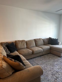 Large Tan Fabric Sectional Sofa with Chaise