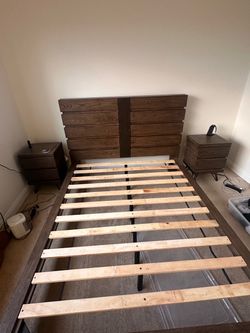 Macys wooden queen size bed frame headboard and nightstands