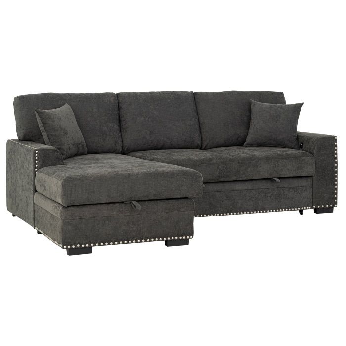 DARK GRAY LHF Chaise Storage Pull Out Bed Sectional Sofa w/ USB