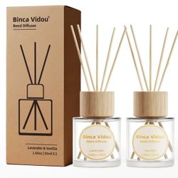 Reed Diffuser Set, Binca Vidou Lavender & Vanilla Natural Scent Oil Diffusers with Sticks for Home Office Bathroom Aromatherapy Decor 1.69oz x 2