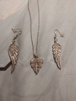 Silver Angel wing pendant and earring set